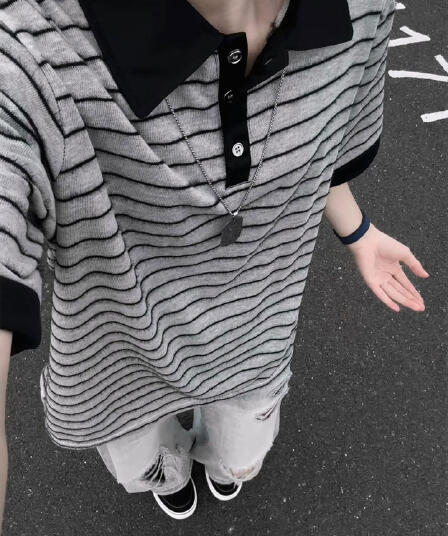 반팔 티셔츠 남녀 커플룩 여름 새로운 루즈핏 작은 샤넬 스타일 아메리칸 스트라이프 POLO 칼라 맨위