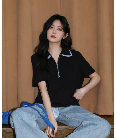 220 그램 물 부드러운 면 반팔 티셔츠 여성 의류 여름 새로운 루즈핏 패치워크 색상 지퍼 POLO 칼라 맨위