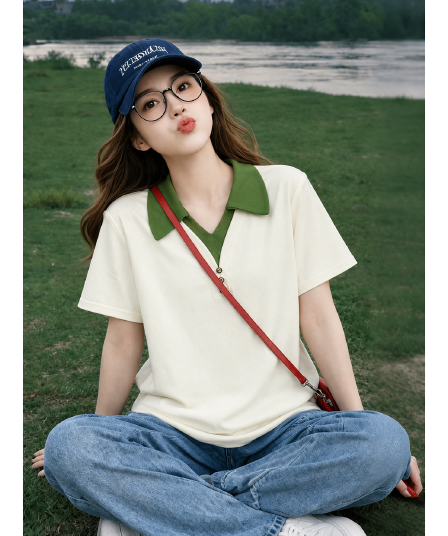 순면 리브 반팔 티셔츠 여성 여름 새로운 배색 페이크 레이어드 단추 루즈핏 polo 맨위