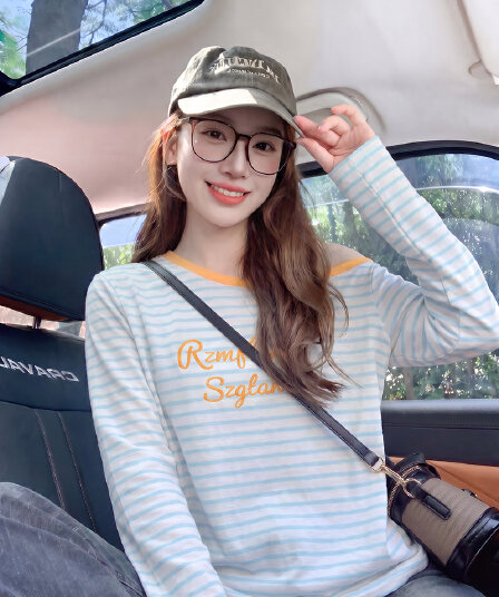 긴팔 티셔츠 기본 셔츠 여성 의류 루즈핏 가시 자수 아메리칸 스트라이프 봄 가을 새로운 비스듬한 칼라 맨위