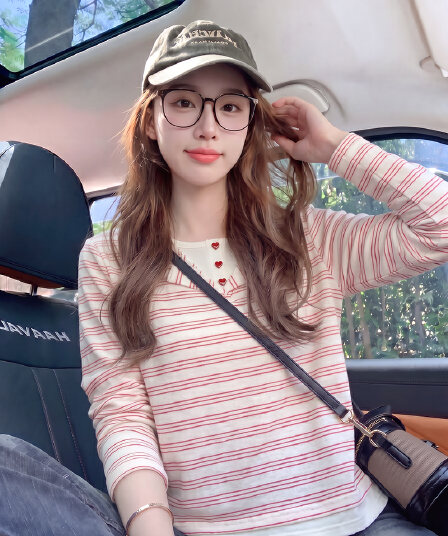 눈꽃 면 스트라이프 긴팔 티셔츠 기본 셔츠 여성 페이크 레이어드 아메리칸 스트라이프 봄 가을 새로운 맨위