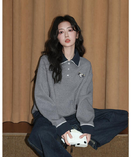 얇은 스타일 후드티 여성 의류 봄 가을 새로운 트렌디 루즈핏 만화 자수 레이스 POLO 칼라 새로운 맨위