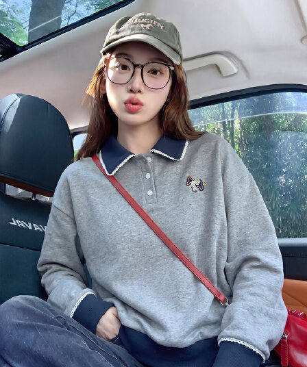 얇은 스타일 후드티 여성 의류 봄 가을 새로운 트렌디 루즈핏 만화 자수 레이스 POLO 칼라 새로운 맨위