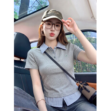 批发官图特价1*1螺纹210克短袖t恤女装夏新款设计感假两件POLO领上衣