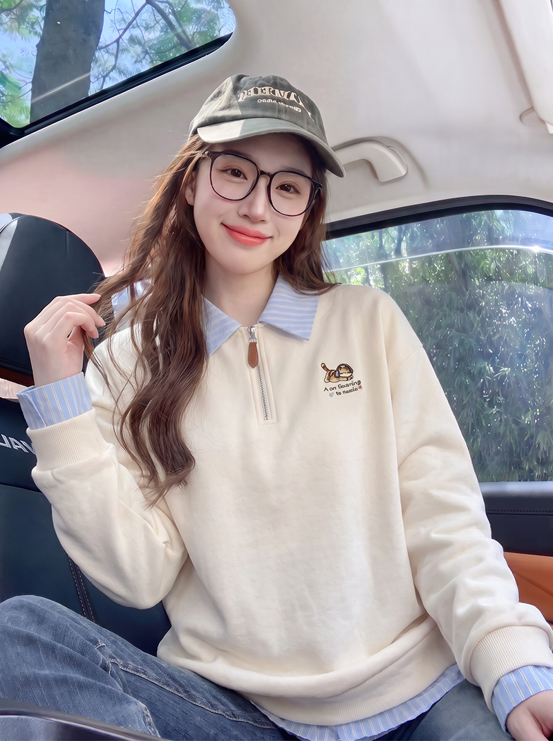 大码女装200斤卫衣女春秋薄新款刺绣拉链宽松POLO领上衣 服裝批發女裝批發服飾貨源