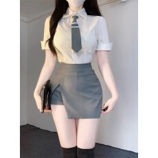 批发夏季纯欲风JK制服套装白色短袖收腰款衬衫高腰开叉短裙领带大全套
