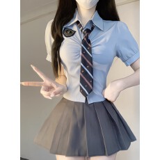 批发夏泡泡袖修身辣妹JK套装学院风绣花徽章条纹领带百褶裙女