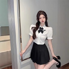 批发学院风jk制服套装时尚甜美泡泡袖衬衫显瘦修身百褶短裙纯欲两件套