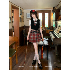 批发美式辣妹 学院风假两件短袖衬衫套装女复古红色格纹半裙