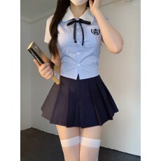 批发<b class='q'>夏</b>季浅蓝学院风短袖衬衫辣妹JK黑色徽章蝴蝶结学生装显瘦清新