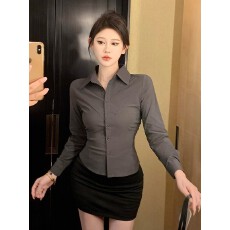 批发收腰高级感灰色衬衫性感修身长袖衬衣包臀裙工作服女职业气质套装