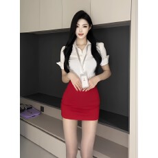 批发Polo领衬衫女短袖职业气质衬衫上衣+纯欲OL包臀半身裙<b class='q'>工作服</b>套装