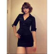 批发美式辣妹性感穿搭套装收腰低v领半袖黑衬衫+纯欲修身包臀小短裙