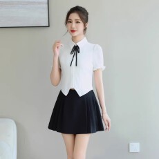 批发新款足浴技师工作服女短裙气质套装采耳养生馆沐足百褶裙足疗店