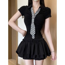 批发学院风套装辣妹设计感polo领修身短袖t恤a字半身裙两件套2025夏季