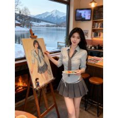 批发学院风穿搭套装蓝色刺绣polo领衬衫上衣女秋季百褶半身裙子两件套