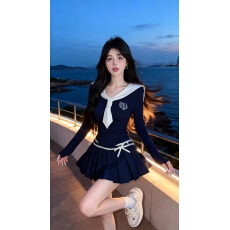 批发纯欲学院风撞色海军领无袖上衣女夏季新款甜美减龄高腰百褶裙套装