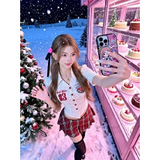 批发甜辣美高夏季修身显瘦纯欲辣妹风小众衬衫上衣+格子<b class='q'>半身裙</b>套装女