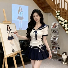 批发学院风海军领短袖t恤女夏季纯欲辣妹短款上衣独特绝美jk制服套装