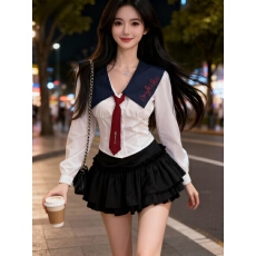 批发辣妹撞色翻领长袖领带衬衫学院风jk制服上衣高腰蛋糕裤裙两件套装