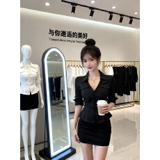 批发御姐风时尚套装气质v领半袖衬衫上衣女夏季包臀半身裙黑色两件套