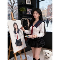 批发学院风jk制服辣妹字母印花长袖领带上衣套装高腰蛋糕裤裙子两件套