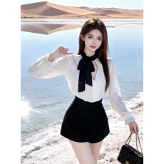 批发蝴蝶结绑带v领长袖黑白衬衫女御姐气质显瘦上衣高腰短裤两件<b class='q'>套装</b>