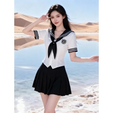 批发学院风制服套装女减龄养生会所足浴技师工作服海军领衬衫百褶短裙