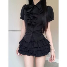 批发秋季新款设计感宫廷风泡泡袖黑色衬衫<b class='q'>蓬蓬</b>蛋糕短<b class='q'>裙套装</b>
