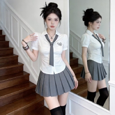 批发纯欲收腰白色衬衫女夏季学院风修身显瘦短袖衬衣辣妹百褶裙jk制服