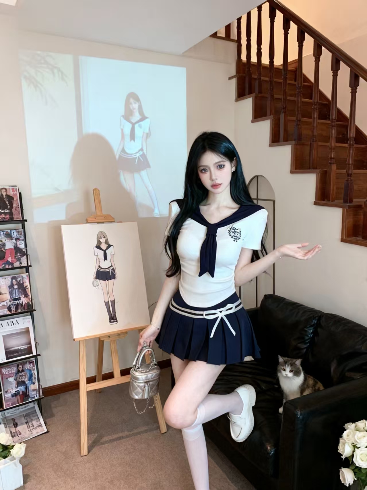 학원 스타일 jk 유니폼 세트 여성 여름 해군 칼라 셔츠 맨위 섹시함 핫걸 플리츠 스커트 반신 짧은 치마