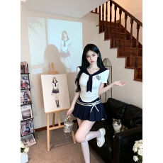 批发学院风JK制服套装女夏季海军领衬衫上衣性感辣妹百褶裙半身短裙子