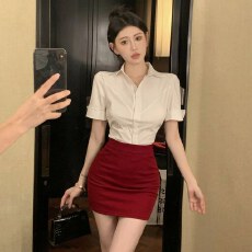 批发酒店前台足浴技师工作服套装收腰白衬衫酒红包臀裙性感职业两件套