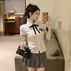 批发免烫修身白色衬衫百褶裙职业套装台球网咖网吧电竞工作服JK制服女