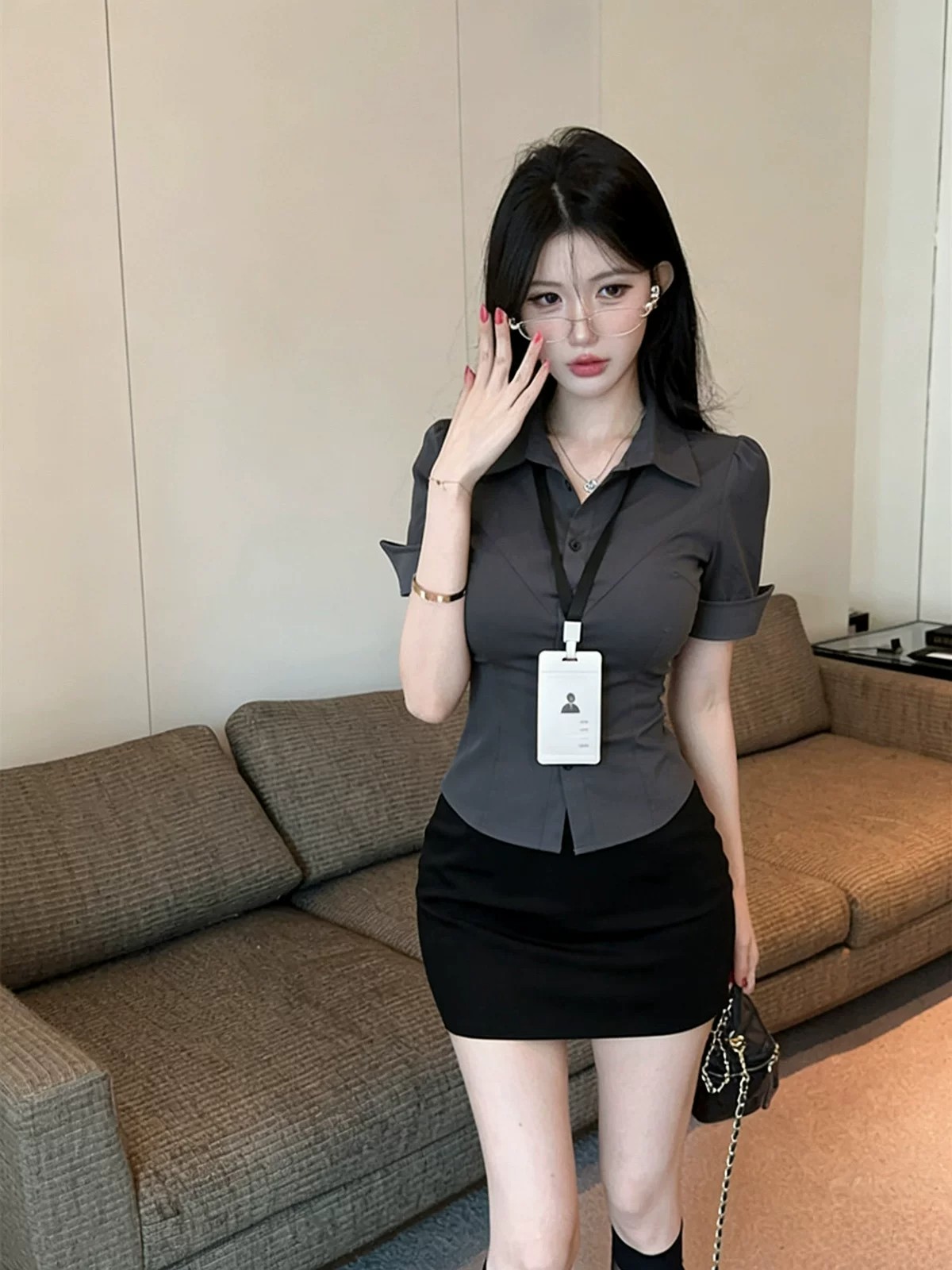 섹시함 순수한 욕망 반팔 회색 셔츠 세트 드레스 여성 여름 경력 작업복 ol 유니폼 허리 수축 셔츠 타이트 스커트