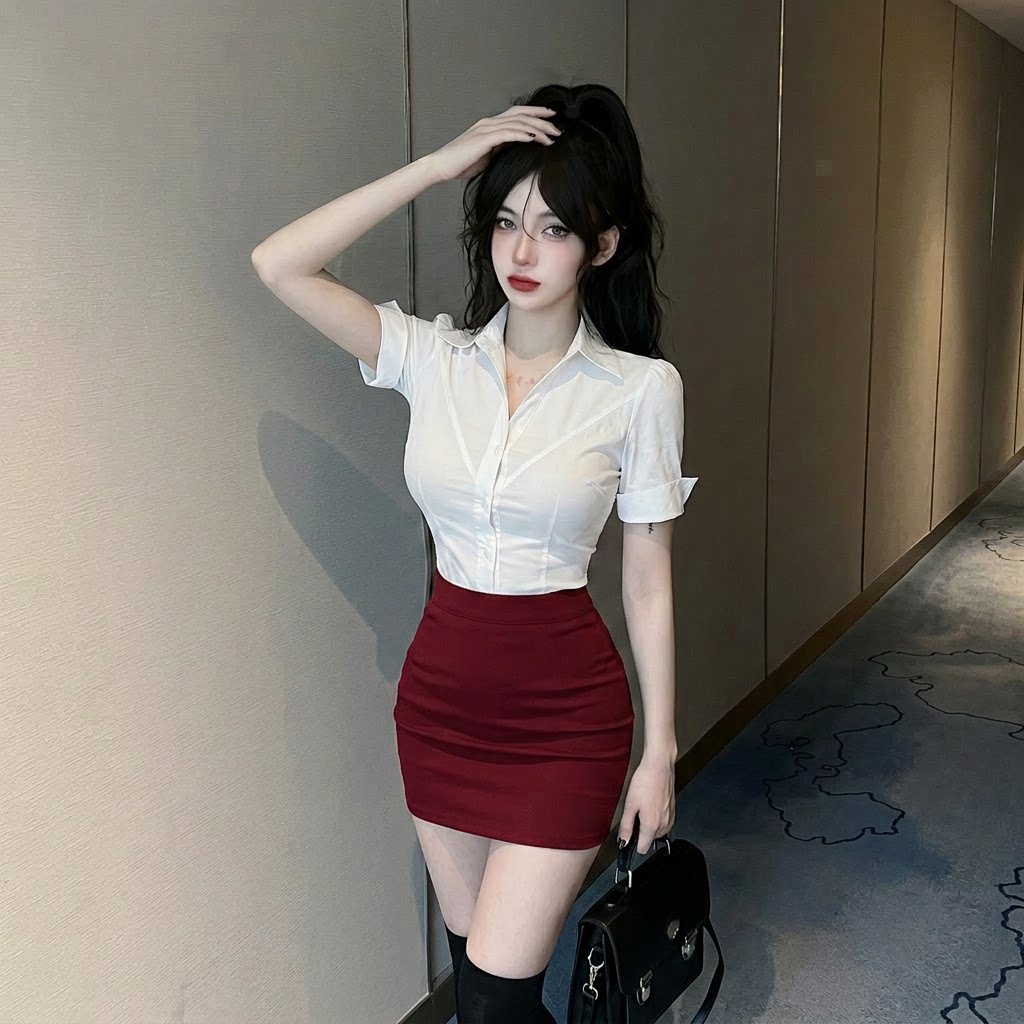호텔 프론트 데스크 유니폼 세트 발 욕조 기술자 작업복 섹시함 허리 수축 흰 셔츠 와인 빨간색 타이트 스커트 비즈니스웨어