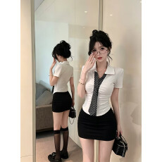 批发足浴技师工作服学院风polo衫V领短袖半身裙女收腰显瘦制服两件套