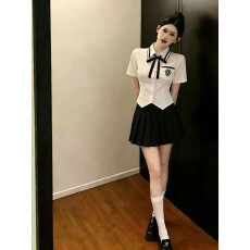 批发甜辣学院风jk制服短袖衬衫套装夏季职业工作服减龄收腰衬衣百褶裙