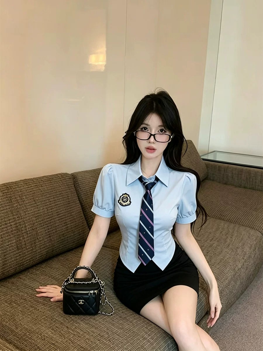 한 부서 학원 스타일 반팔 셔츠 세트 드레스 여성 섹시함 경력 작업복 허리 수축 셔츠 타이트 스커트 투피스 세트
