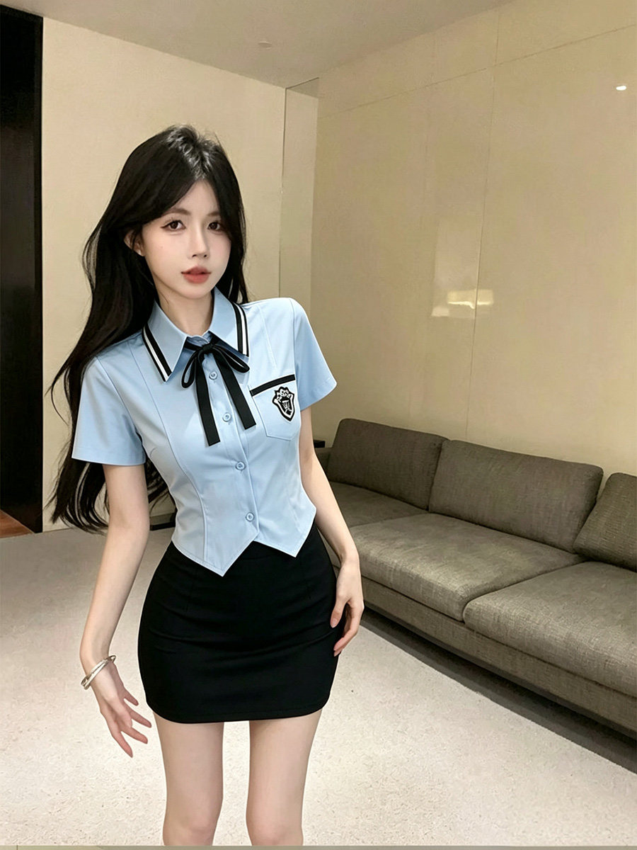 한 부서 달콤한 매운맛 학원 스타일 jk 유니폼 반팔 셔츠 세트 드레스 여성 경력 작업복 허리 수축 셔츠 플리츠 스커트