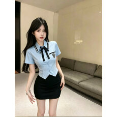 批发韩系甜辣学院风JK制服短袖衬衫套装裙女职业工作服收腰衬衣百褶裙