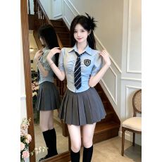 批发夏季收腰蓝色领带衬衫短袖上衣高腰百褶裙jk制服学院风工作服套装