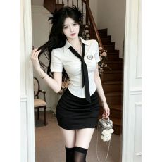 批发纯欲辣妹褶皱修身衬衫短裙套装jk制服KTV桌球台球电竞网咖工作服