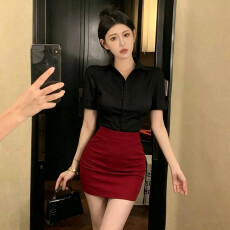 批发黑色收腰短袖衬衫女性感紧身包臀裙酒店前台秘书OL制服工作服套装