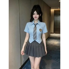 批发夜总店性感连衣裙减龄jk制服套装蓝色衬衫百褶裙女足浴技师工作服