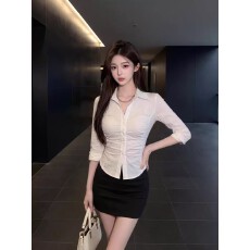 批发气质<b class='q'>套装</b><b class='q'>女</b>秋季白色翻领褶皱衬衫修身收腰包臀短裙足浴工作服<b class='q'>套装</b>
