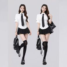 批发学院风白色短袖衬衫百褶裙<b class='q'>套装</b><b class='q'>女</b>收腰显瘦两件套制服足浴按摩工衣