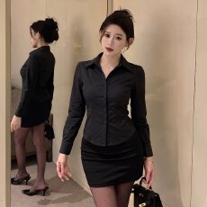批发黑色修身收腰长袖衬衫包臀短裙纯欲辣妹性感气质OL制服<b class='q'>职业</b><b class='q'>套装</b><b class='q'>女</b>