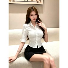 批发修身褶皱白衬衫<b class='q'>职业</b>套装女性感收腰中袖衬衣气质包臀裙秘书工作服