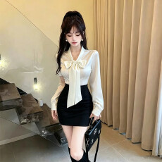 批发黑色长袖衬衫女高级感缎面垂感衬衣高腰包臀短裙职业秘书通勤套装